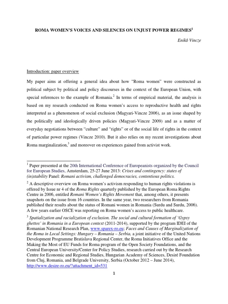 Roma Women'S Voices and Silences On Unjust Power Regimes Enikő Vincze
