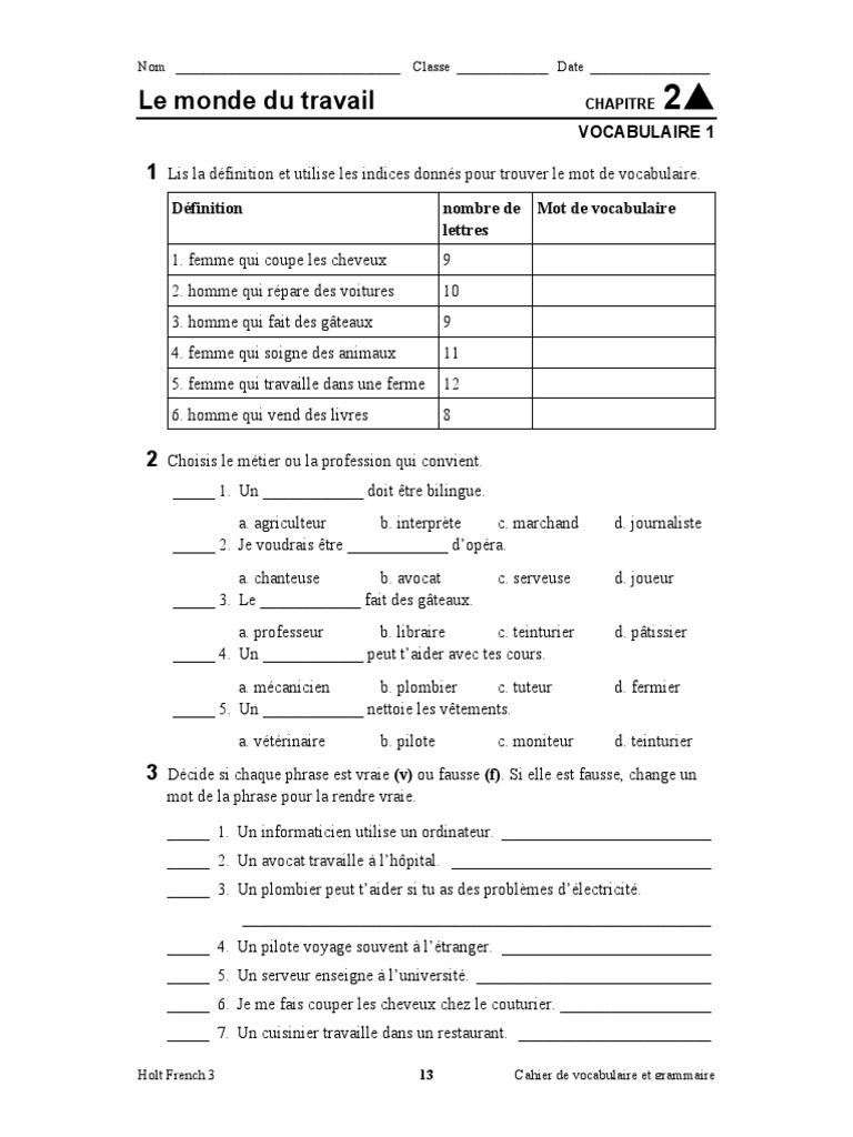 Exercice De Vocabulaire Cm2 Avec Correction Pdf Test de Vocabulaires - Metiers | PDF | Acteur