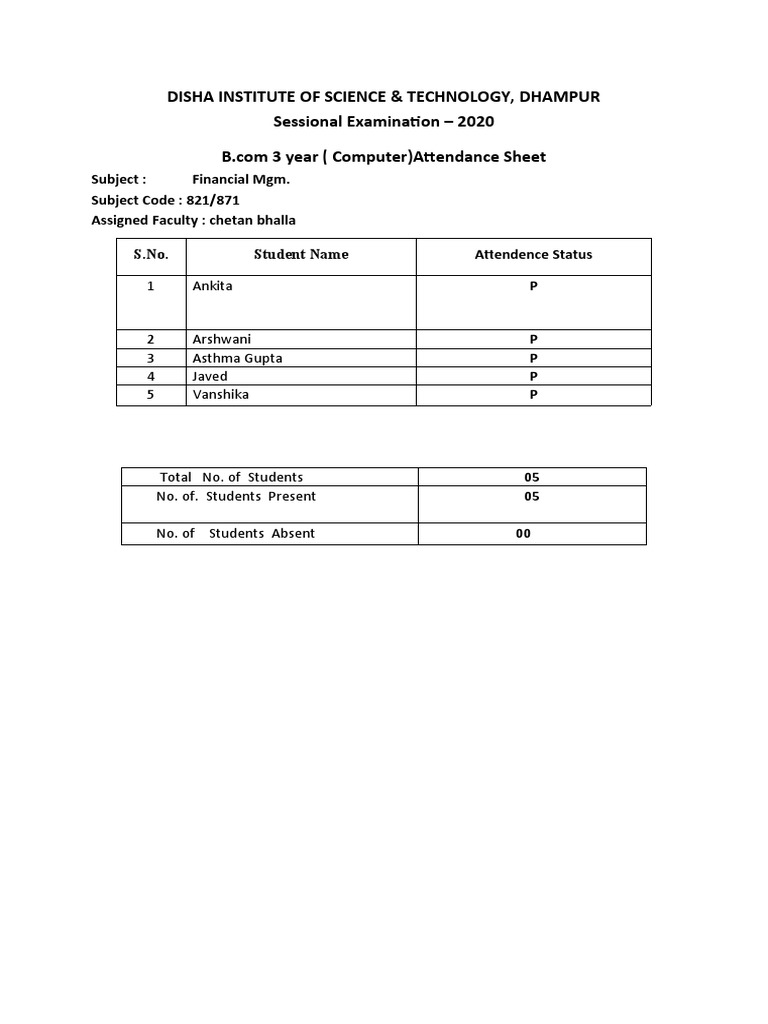Attendence Performa B | PDF