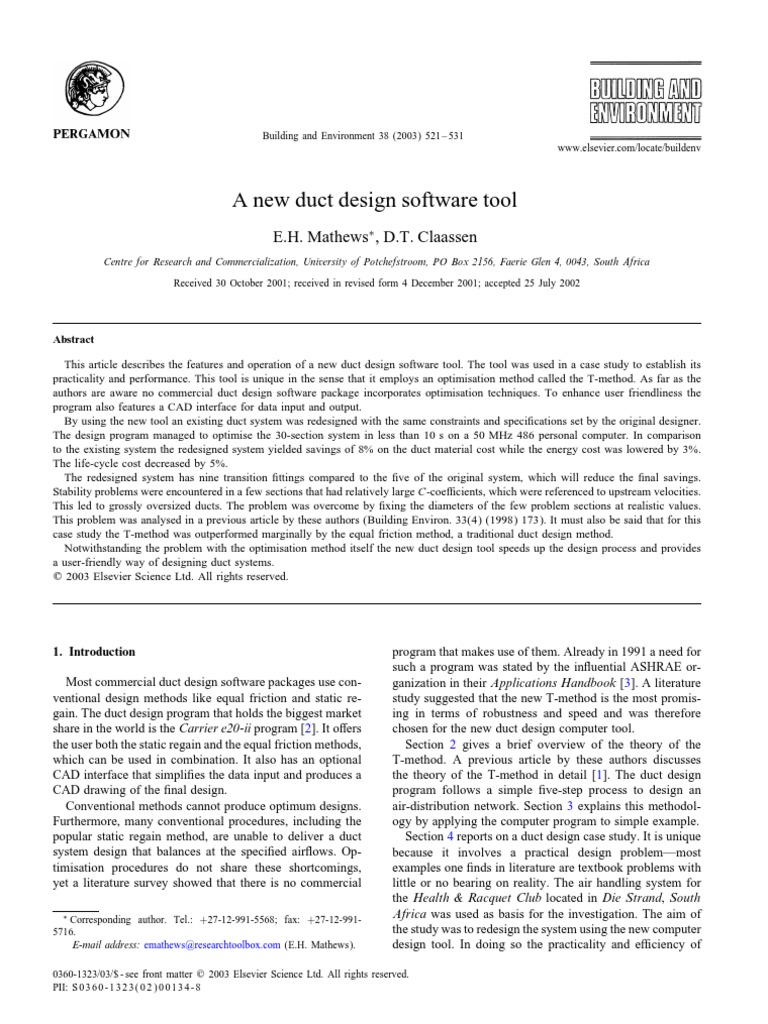 A New Duct Design Software Tool: E.H. Mathews, D.T. Claassen | PDF ...