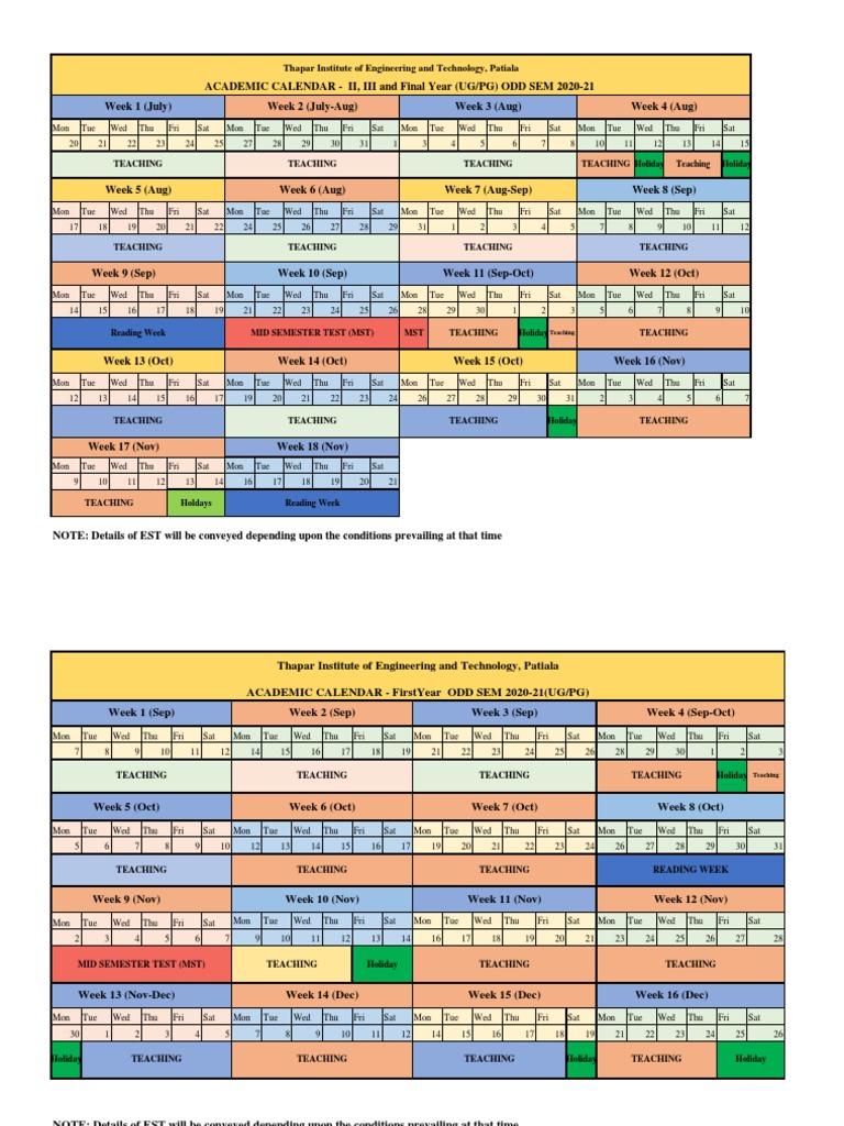 Academic Calendar for Thapar Institute of Engineering and Technology
