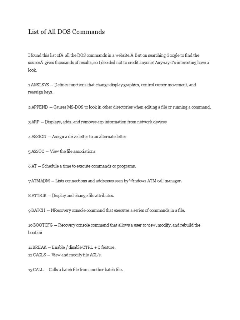 List of All DOS Commands | PDF | Command Line Interface | Computer File