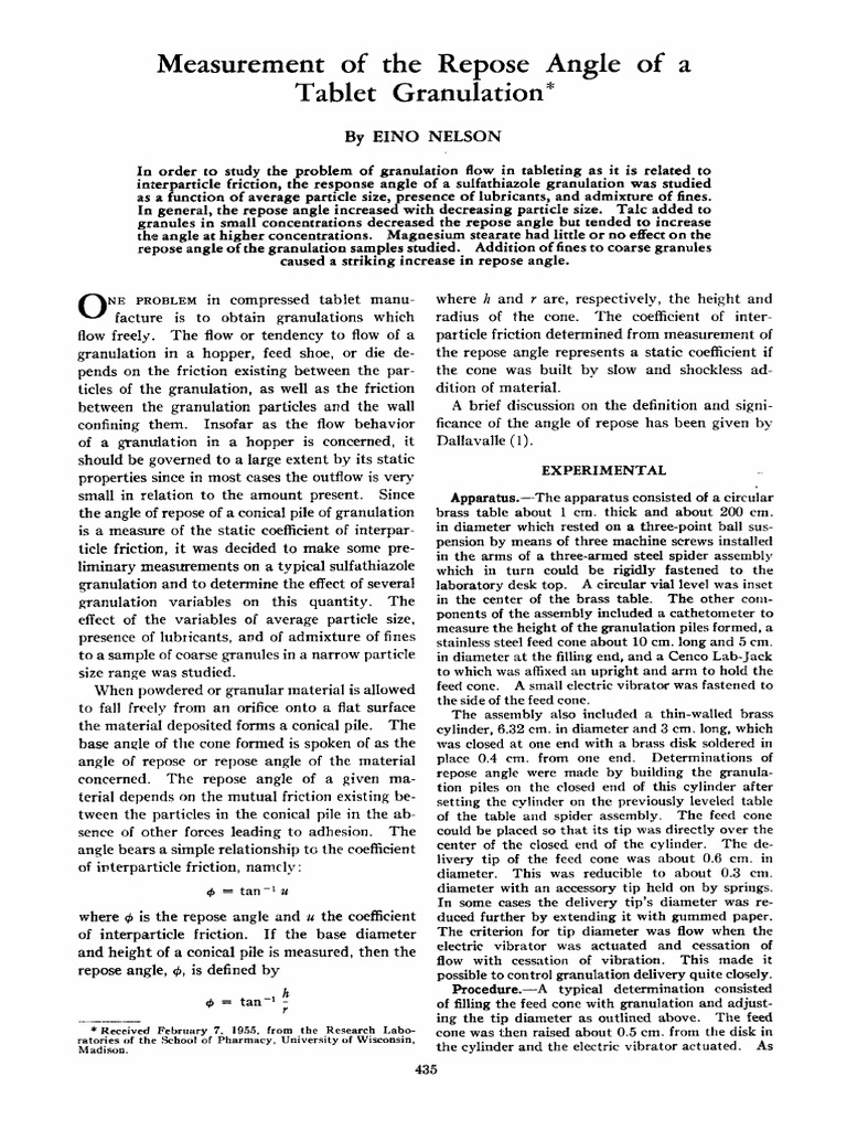 Of Of: Measurement Repose Angle Tablet Granulation A | PDF | Friction ...