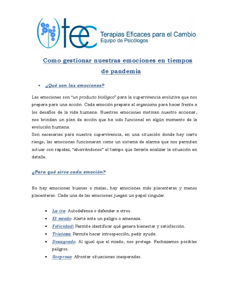 Gestión emocional en tiempos de pandemia | PDF | Temor | Las emociones