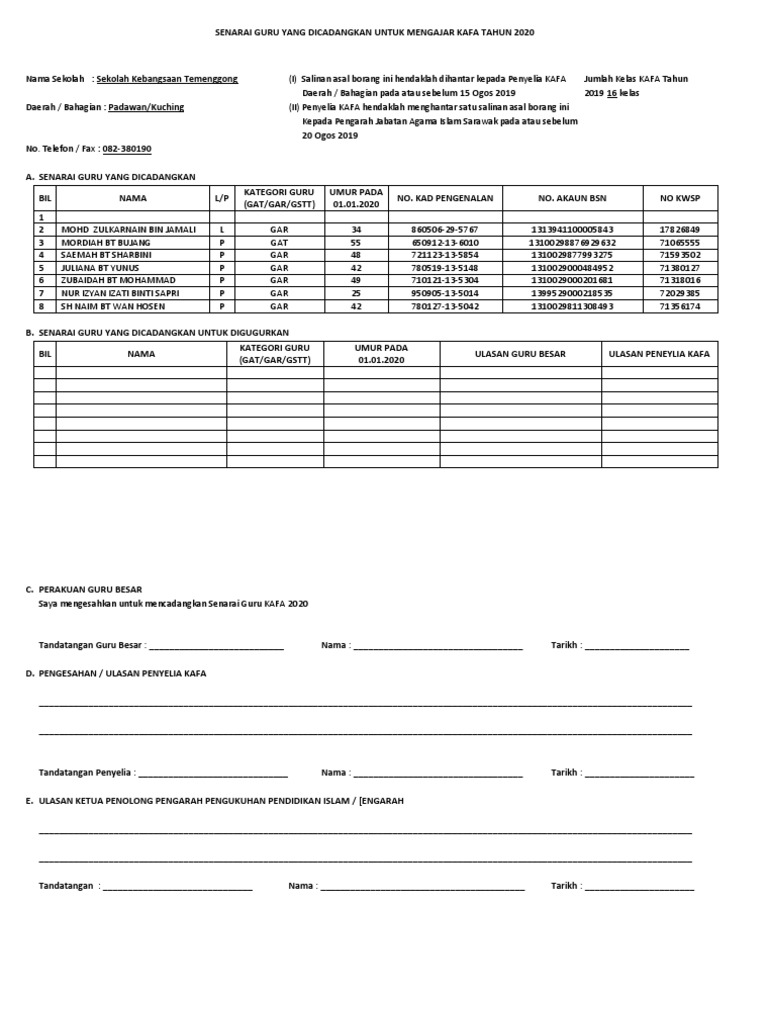 Borang Cadangan Lanjutan Guru Kafa SK Temenggong | PDF