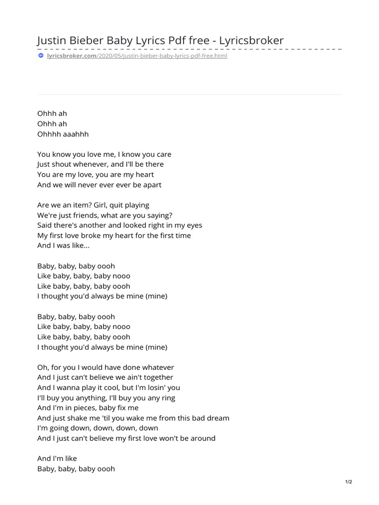 Justin Bieber Baby Lyrics Pdf Free Lyricsbroker