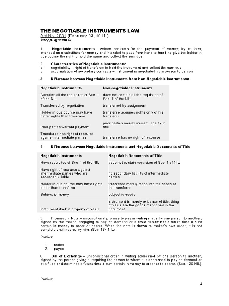 Overview of Negotiable Instruments Law | PDF | Cheque | Promissory Note