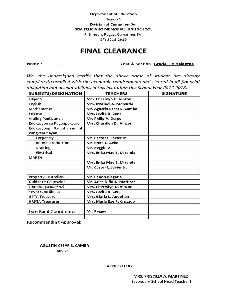 Final Clearance for Grade 8 Students | PDF