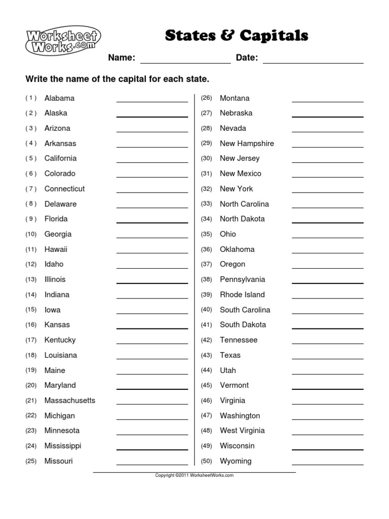 States And Capitals List Printable