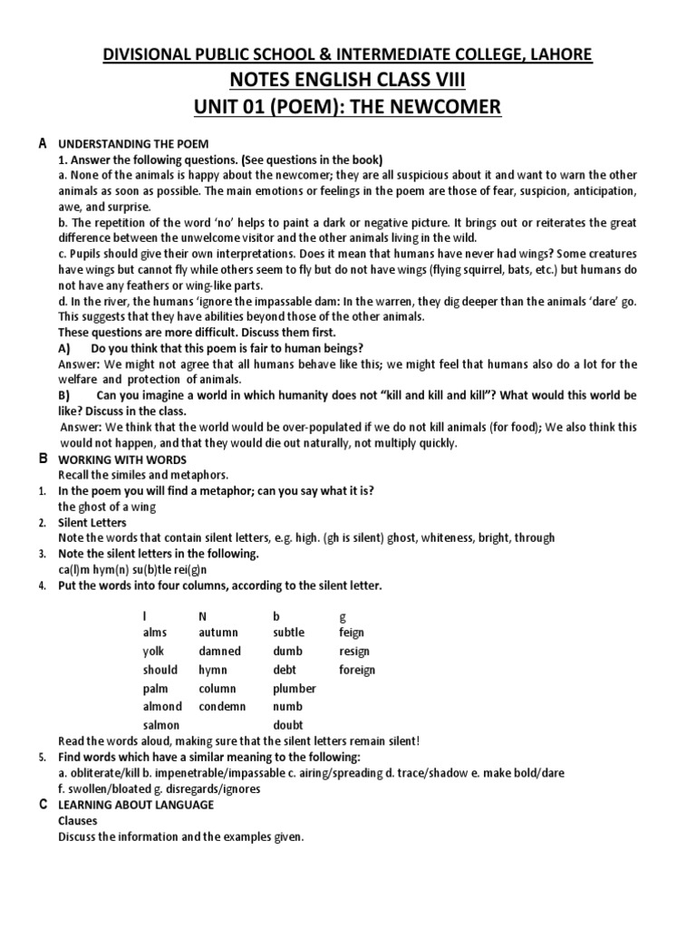 The Newcomer Poem Analysis for Class 8 | PDF | Adjective | Adverb