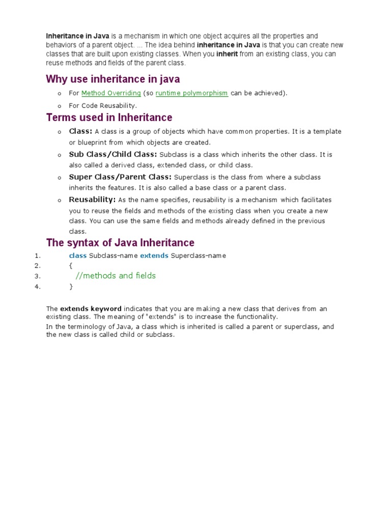 Why Use Inheritance in Java: Class: Sub Class/Child Class: Super Class ...