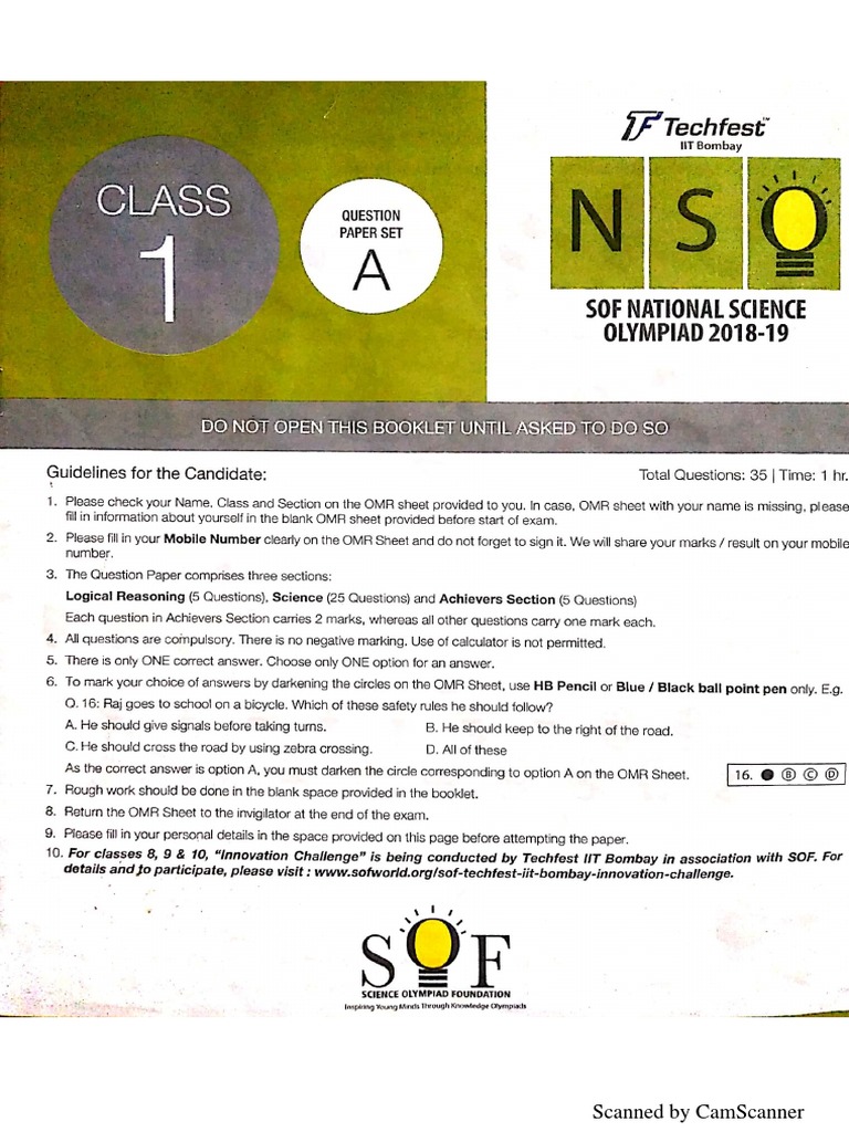 NSO Class 1 Paper Year 2018 | PDF