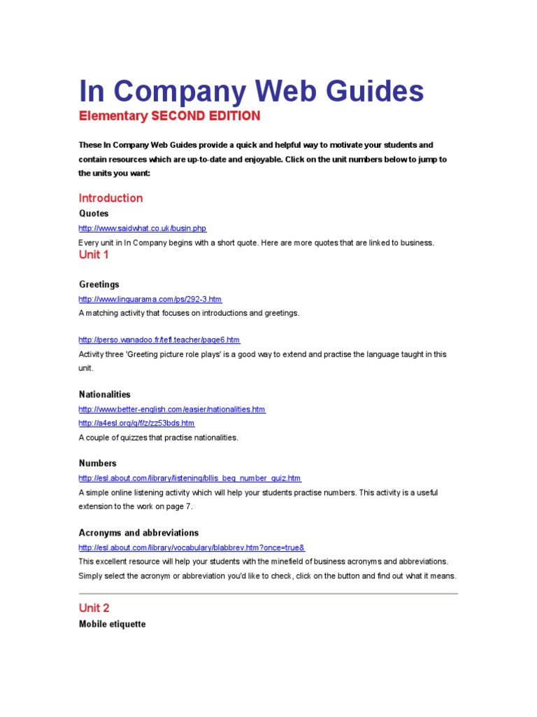 In Company Web Guides: Elementary SECOND EDITION | PDF | Vocabulary ...