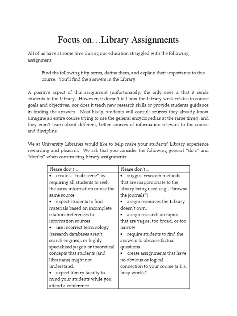 Focus On Library Assignments | PDF | Librarian | Information Literacy