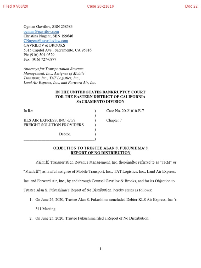 Obj To Report of No Distribution (Original As Filed) | PDF | Cargo ...
