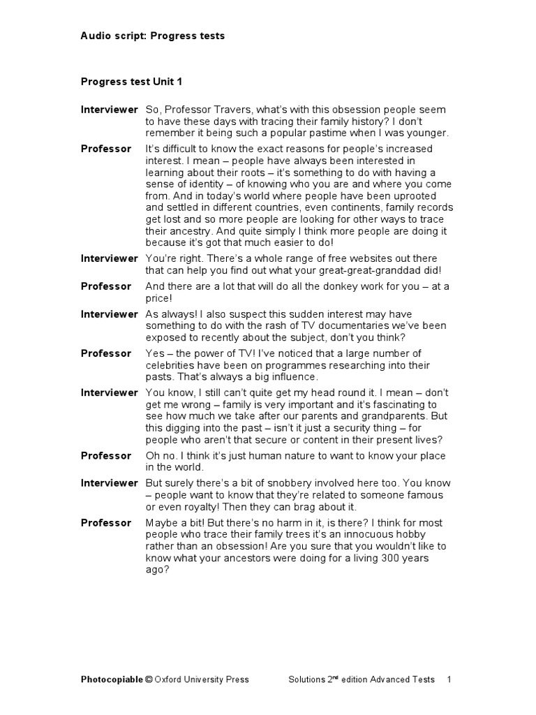 Photocopiable © Oxford University Press: Solutions 2 Edition Advanced ...