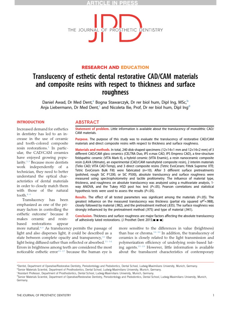 Translucency of Esthetic Dental Restorative CAD/CAM Materials and ...