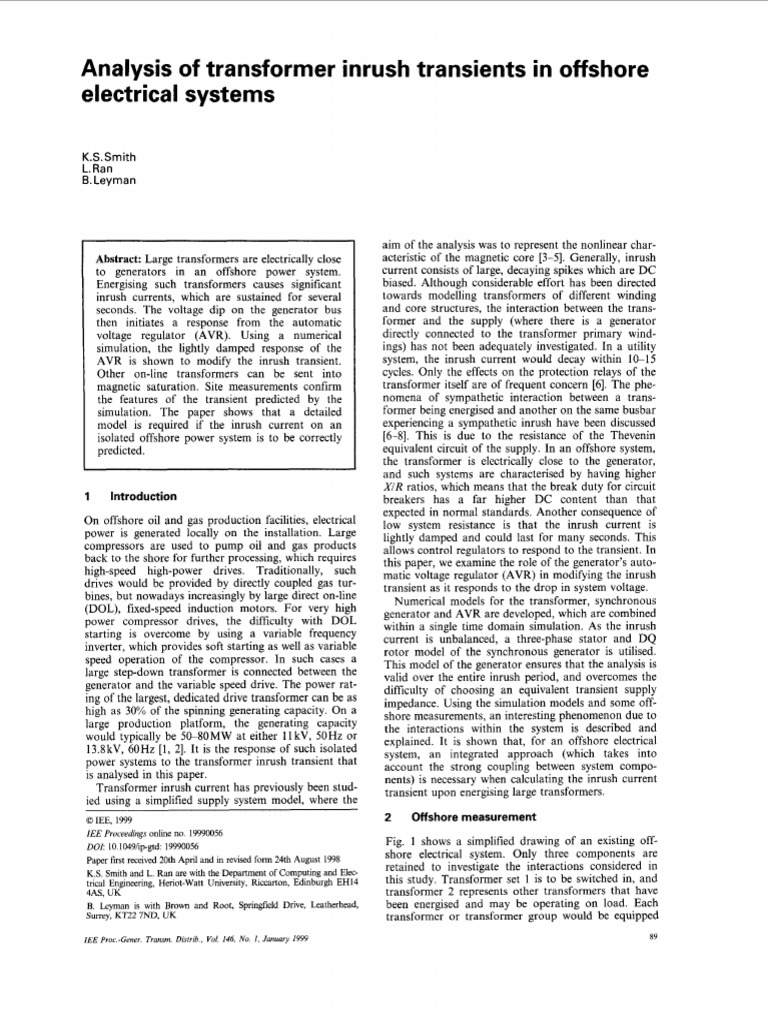 Analysis of Transformer Inrush Transients in Offshore Electrical ...