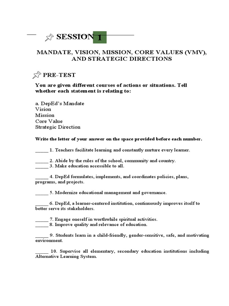 Session: Mandate, Vision, Mission, Core Values (VMV), and Strategic ...