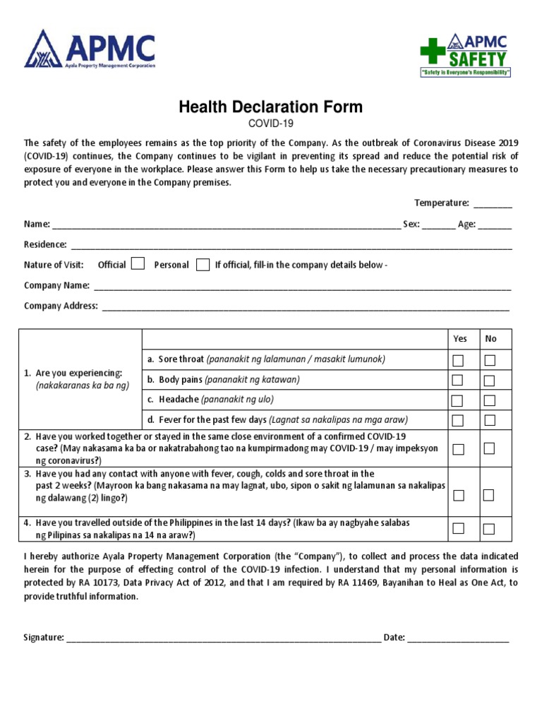 Health Declaration Form: (Nakakaranas Ka Ba NG), PDF, Diseases And  Disorders