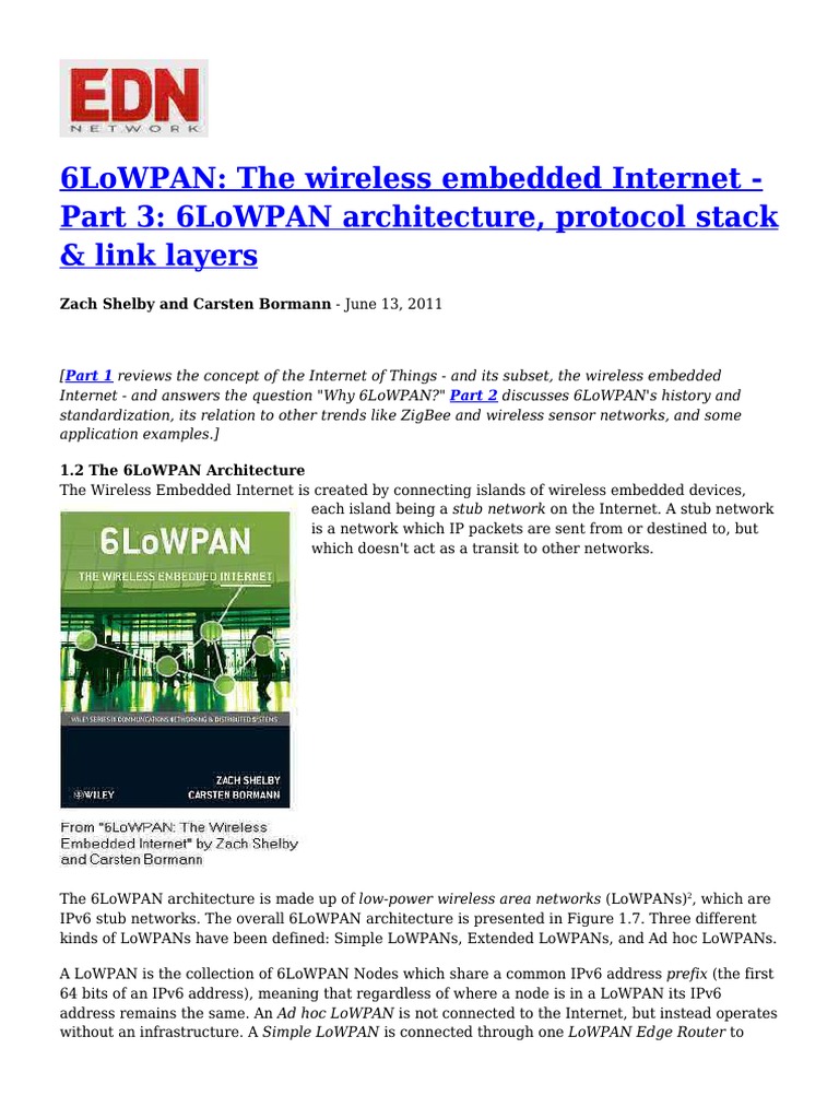 6lowpan: The Wireless Embedded Internet - Part 3: 6lowpan Architecture ...