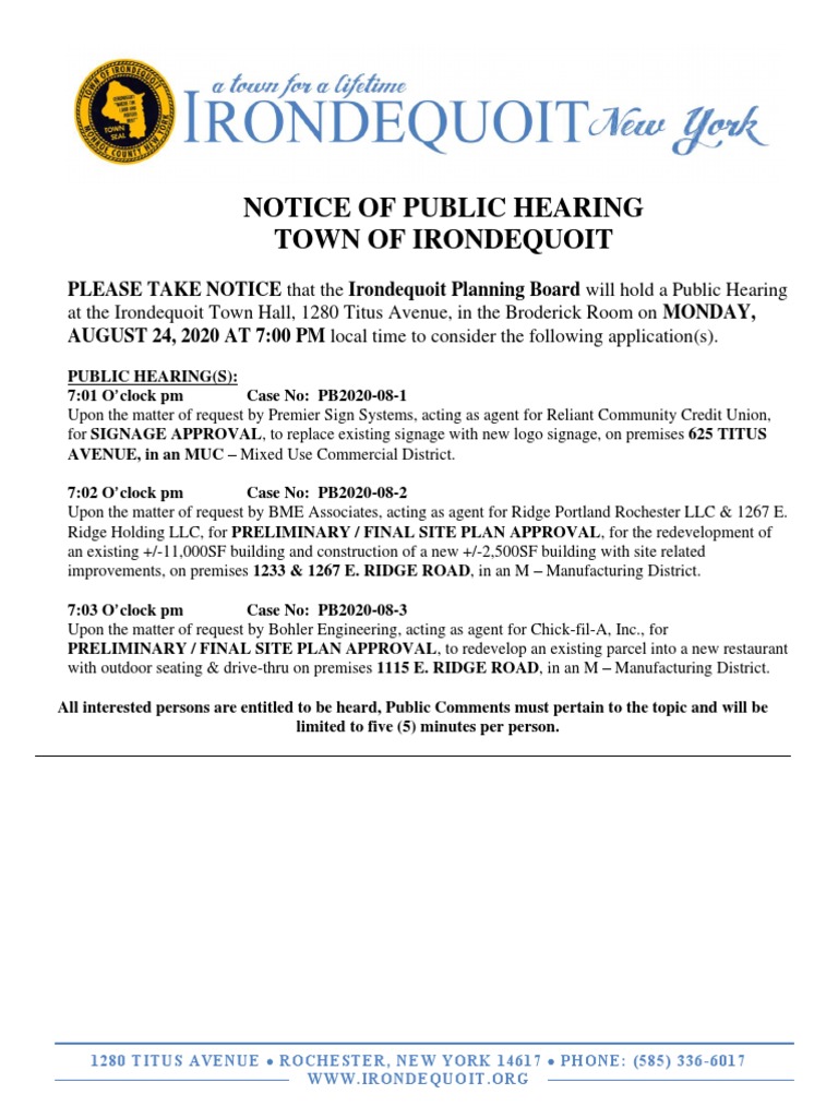 Chick Fil A Irondequoit Planning Board 81220 PDF