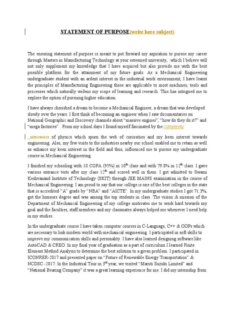 Statement of Purpose (Write Here Subject) PDF Mechanical