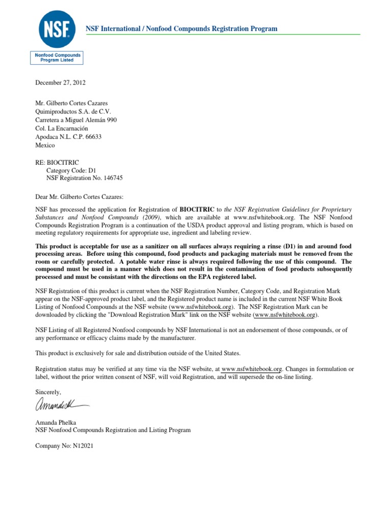 NSF International / Nonfood Compounds Registration Program | PDF ...