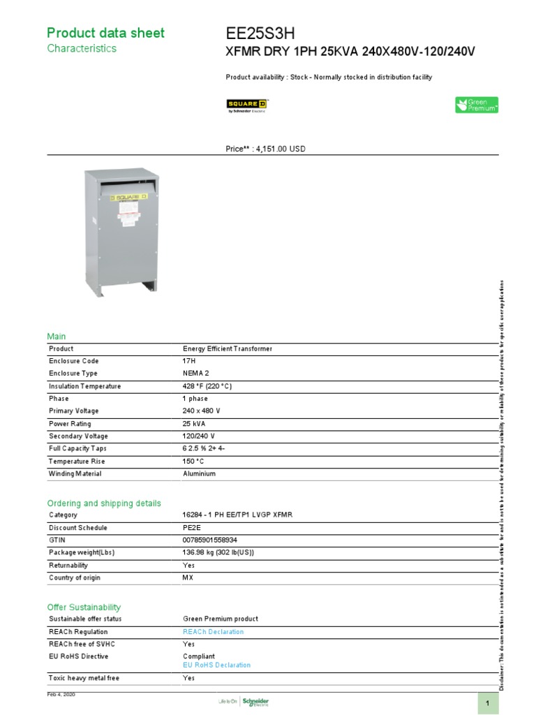 Low Voltage Distribution Transformers Single Phase EE25S3H PDF