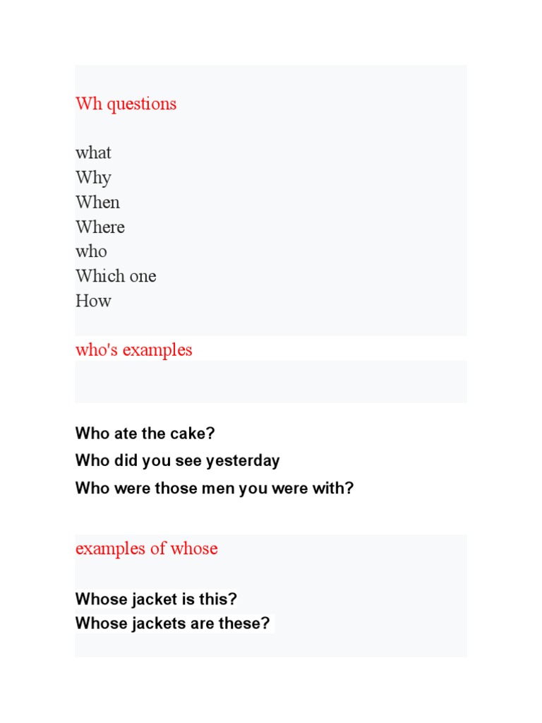 WH Questions: What Why When Where Who Which One How | PDF