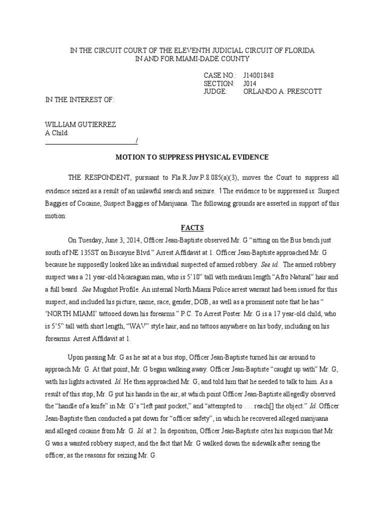 Motion To Suppress (Sample) PDF Terry Stop Reasonable Suspicion