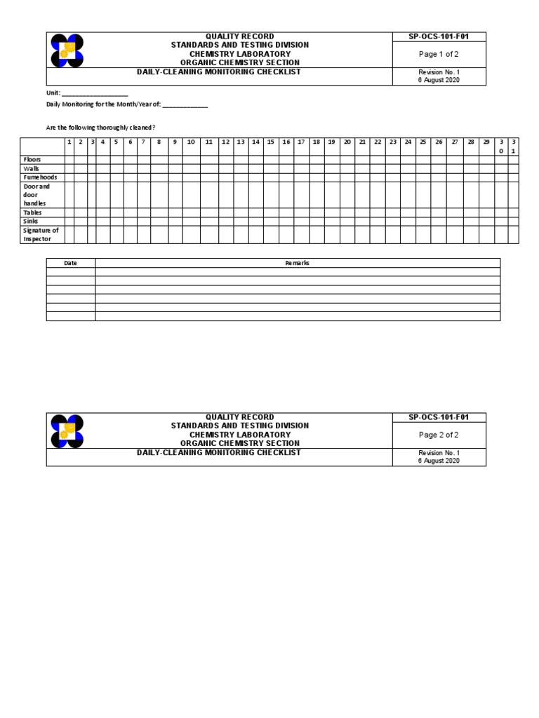 SPOCS101F1 Daily Laboratory Cleaning Sheet PDF