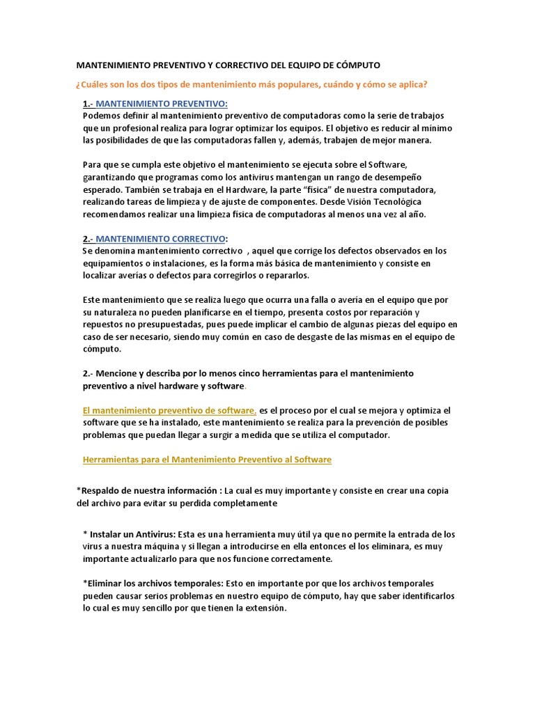 Mantenimiento Preventivo Y Correctivo Del Equipo De Cómputo Pdf