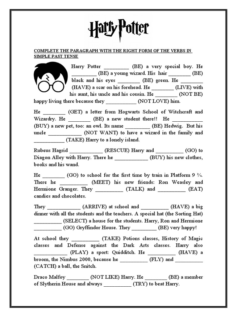 simple past tense harry potter worksheet pdf fictional universes harry potter
