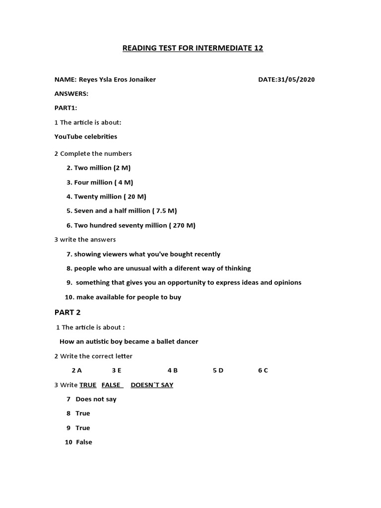 Reading test for intermediate 12 answer pdf