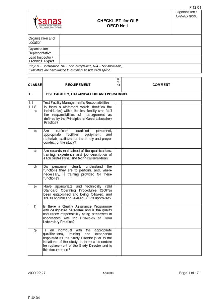 GLP Compliance Audit Checklist | PDF | Quality Assurance
