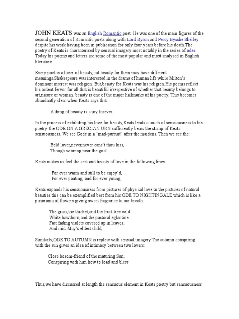 Keats: Poet of Sensuous Beauty | PDF | John Keats | Poetry