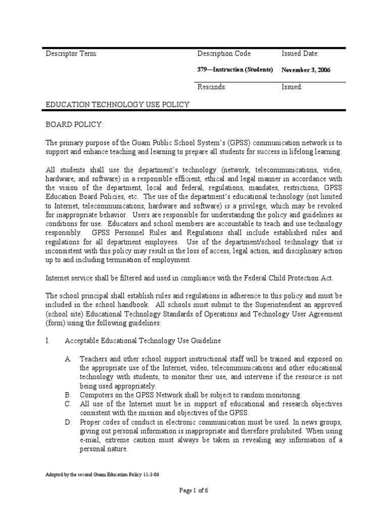 BP 379 Student Acceptable Use | PDF | Computer Network | Educational ...