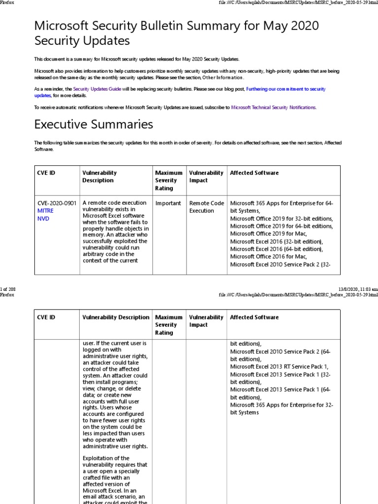Security Bulletin Summary For May 2020 Updates | PDF | Windows 10 ...