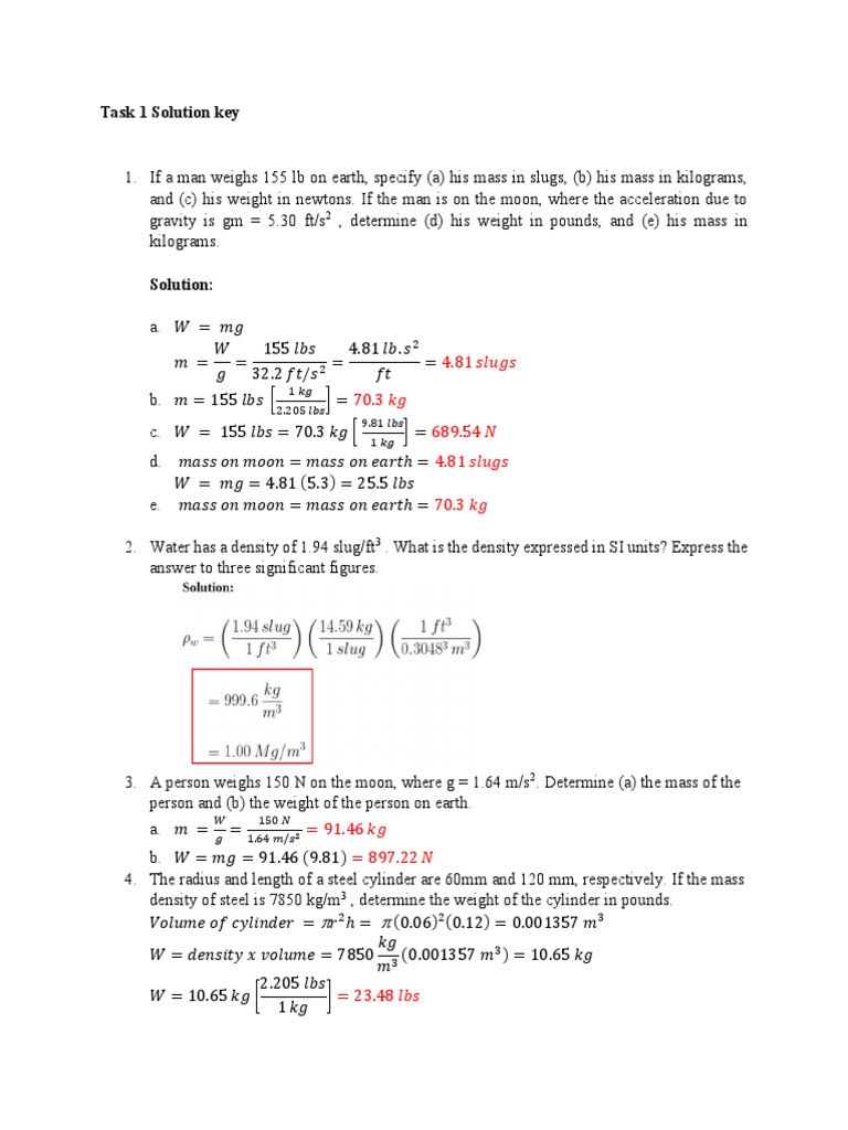 Task 1 Key Answers Pdf Weight Force