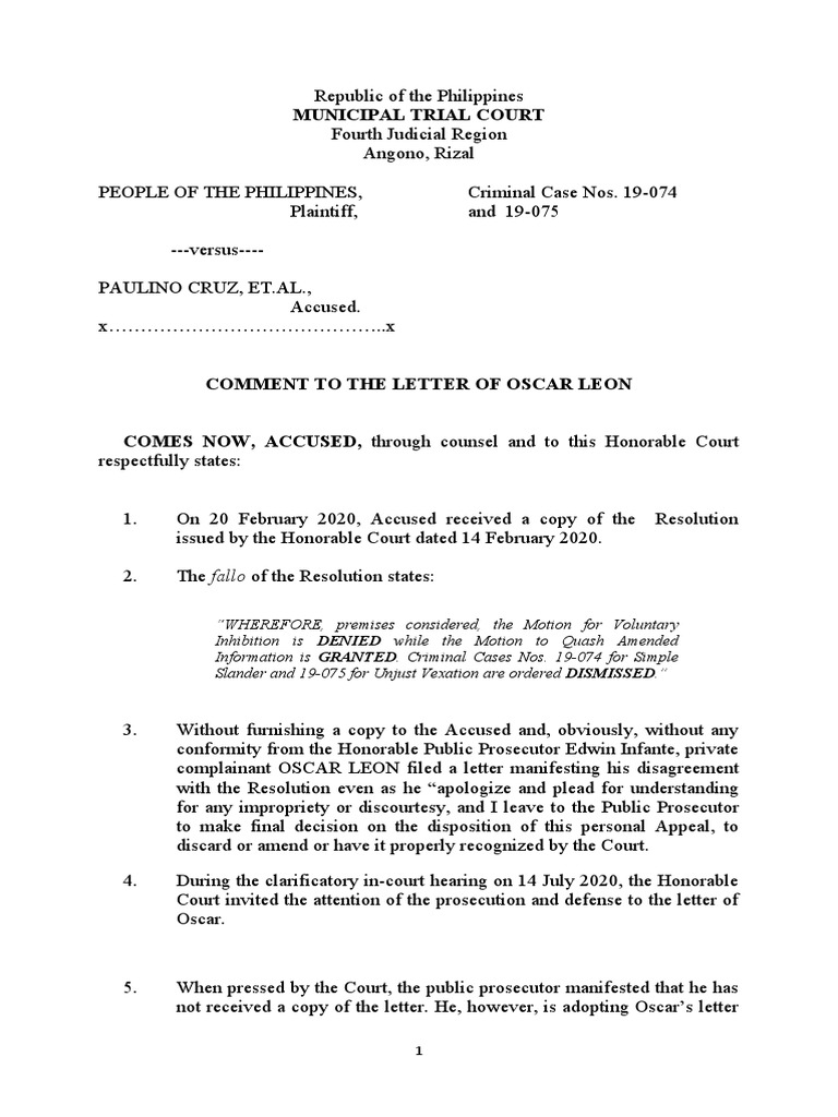 Comment To The Letter of Oscar Leon | PDF | Prosecutor | Statute Of ...