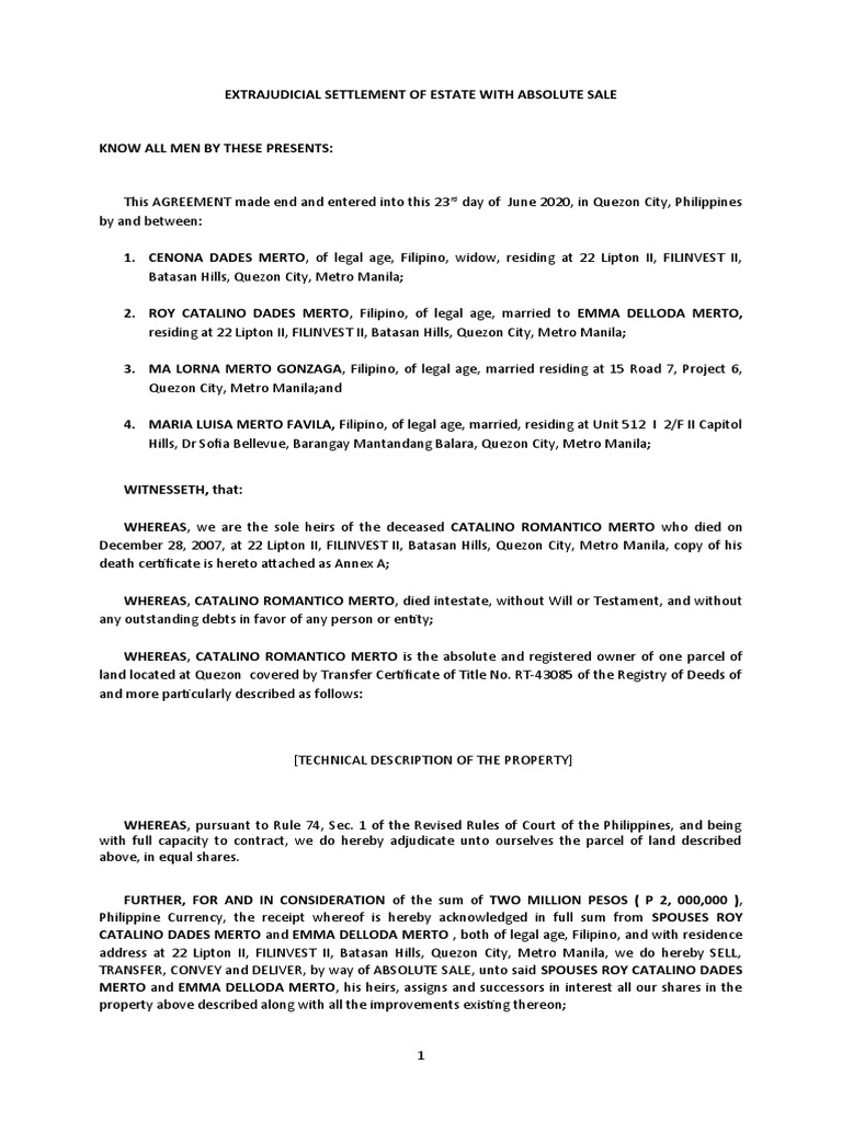 Extrajudicial Settlement of Estate With Absolute Sale | PDF | Metro ...