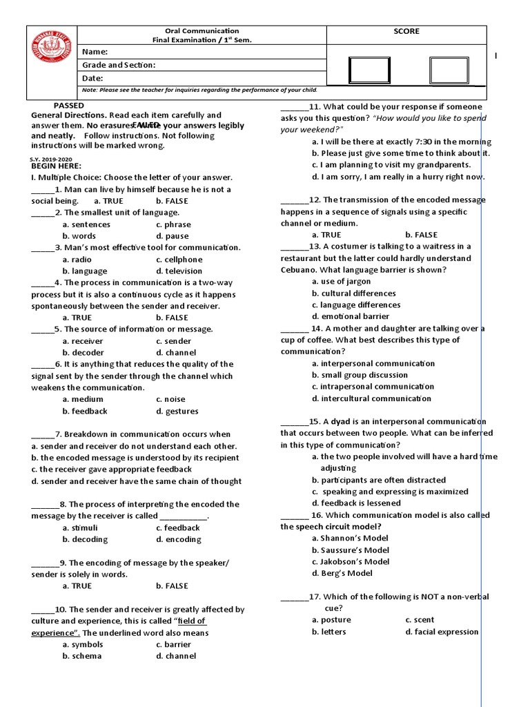Score Oral Communication Final Examination / 1 Sem PDF Nonverbal