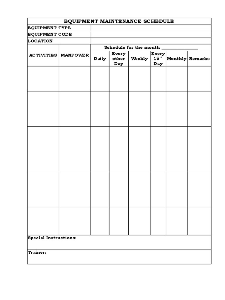 Monthly Equipment Maintenance Schedule | PDF | Business