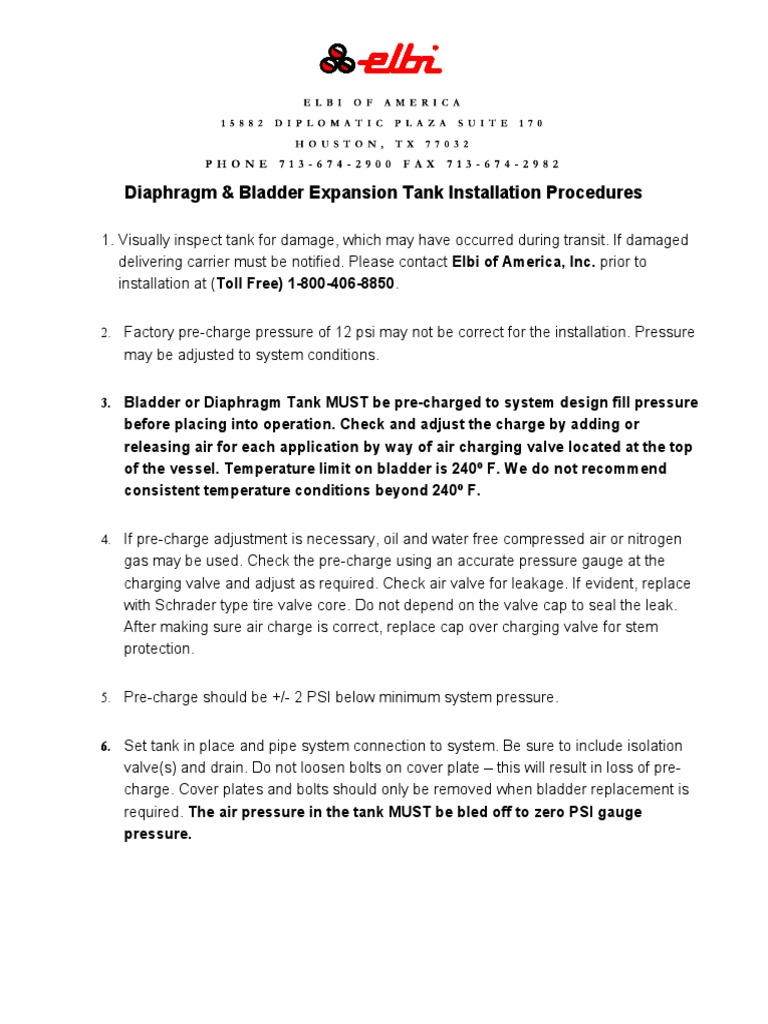 Diaphragm & Bladder Expansion Tank Installation Procedures PDF Leak