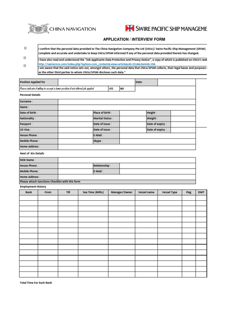 Seafarer Application Form Template | PDF | Water Transport | Transport