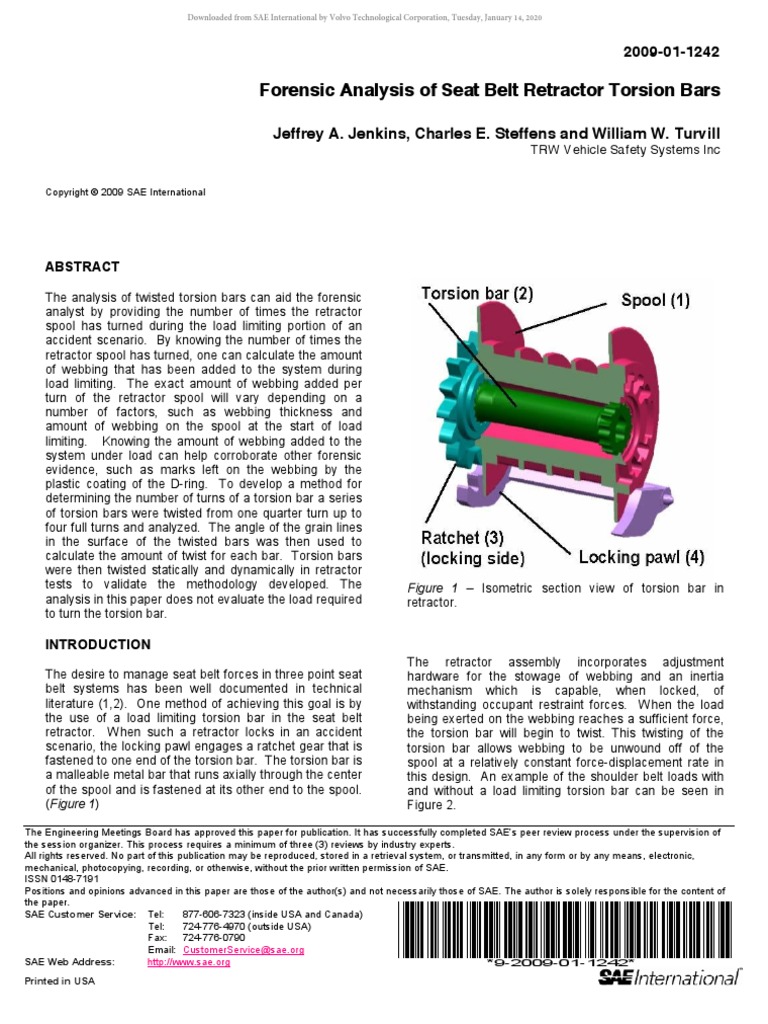 Forensic Analysis of Seat Belt Retractor Torsion Bars PDF Seat Belt