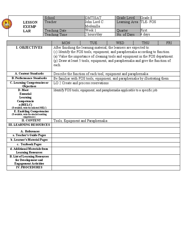 Lesson Exemp LAR Identify FOS Tools, Equipment, and Paraphernalia