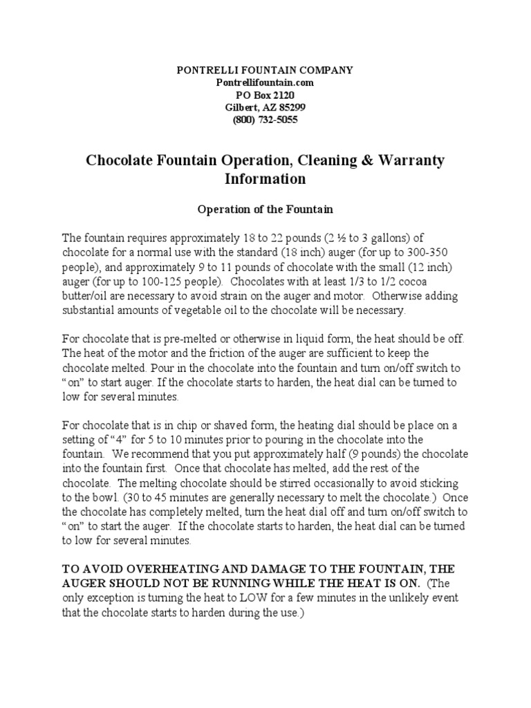 Chocolate Fountain Instructions PDF Chocolate Screw