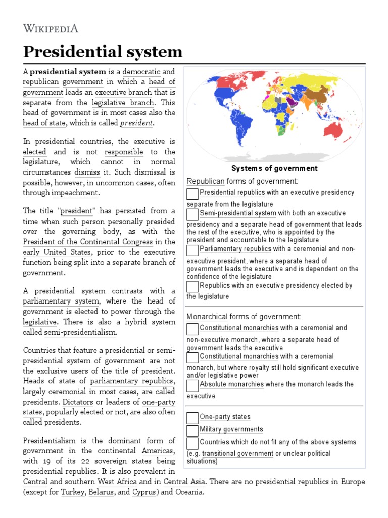 Presidential System - Wikipedia PDF | PDF | Parliamentary System ...
